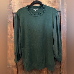 Adrianna Papell Dark Green Sweater with Sheer Swiss dot Sleeves